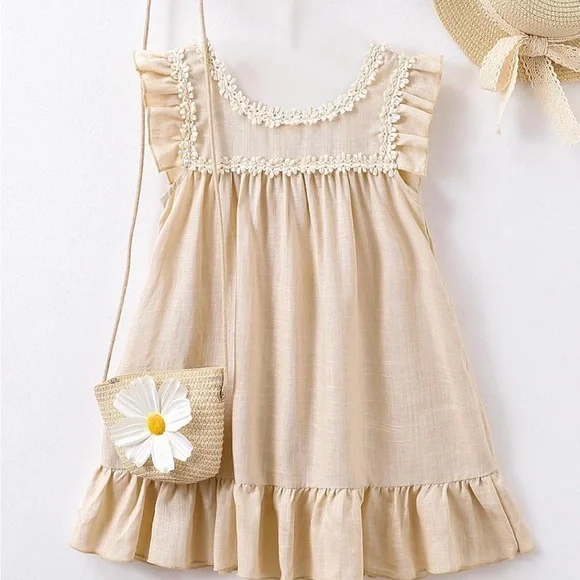 Soly Hux Toddler Girl's Floral Embroidered Cream Dress, Scoop Neck, Cap Sleeve. - Picture 2 of 6